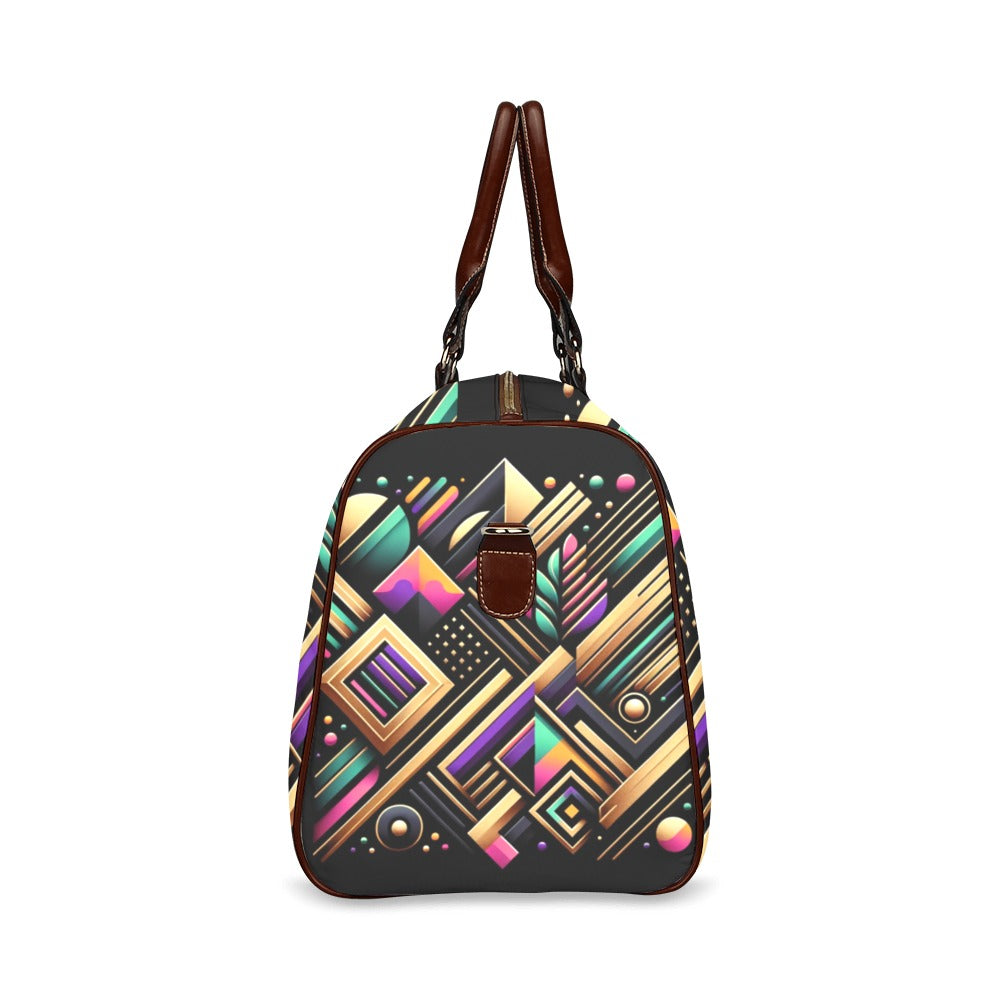 Luxe Prism Geometric Duffel Bag with a bold abstract design, waterproof fabric, and brown leather straps for stylish travel and everyday use.