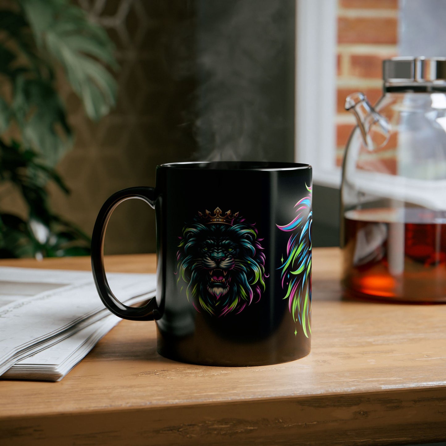 Neon Crowned Lion Mug – Bold Sip for a Bold King (11oz or 15oz Black Mug)