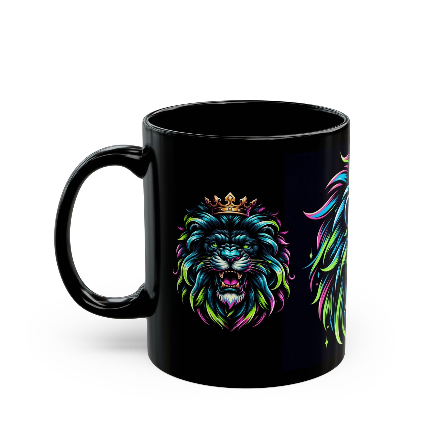 Neon Crowned Lion Mug – Bold Sip for a Bold King (11oz or 15oz Black Mug)