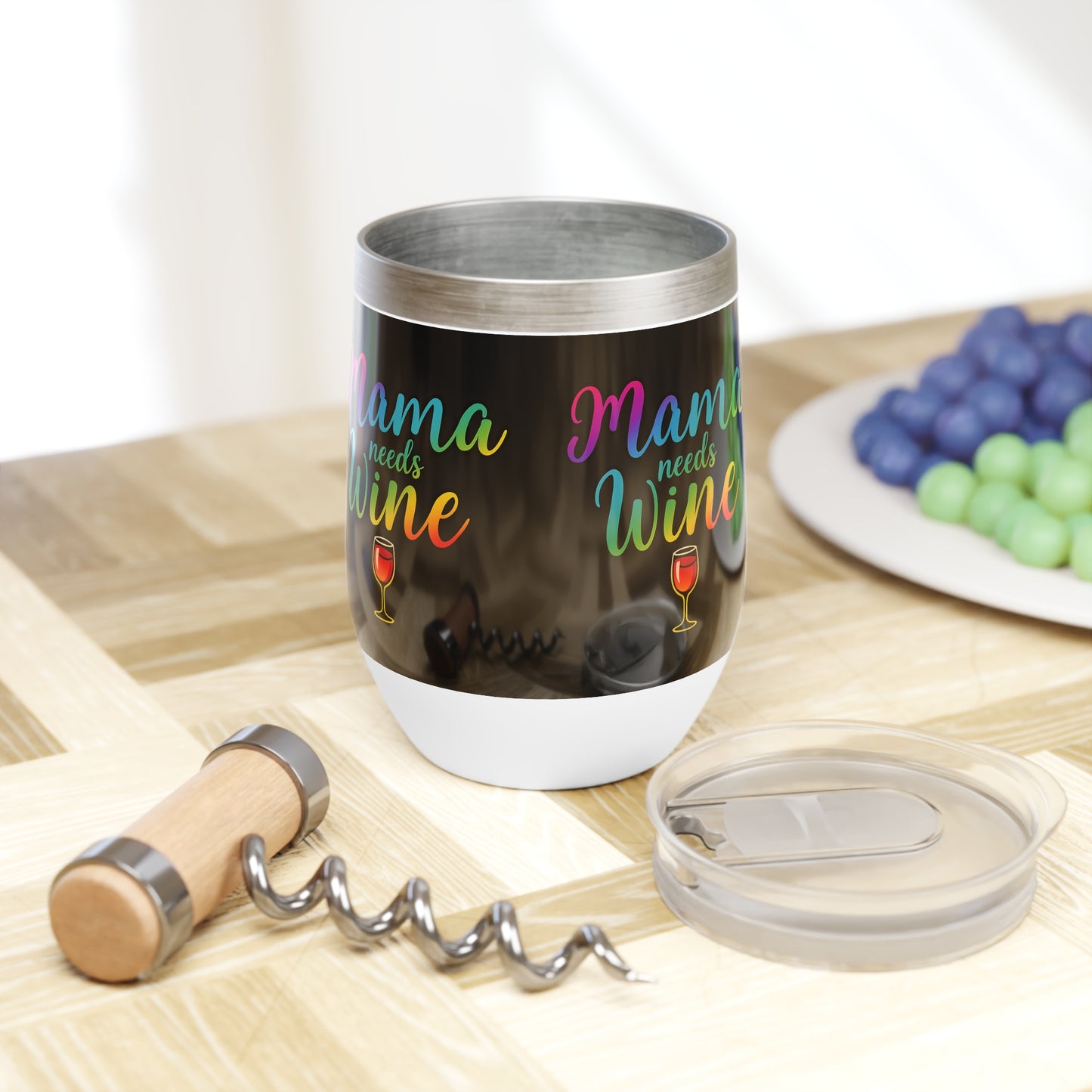 Mama Needs Wine Too – Black 12oz Insulated Stainless Steel Wine Tumbler with Lid