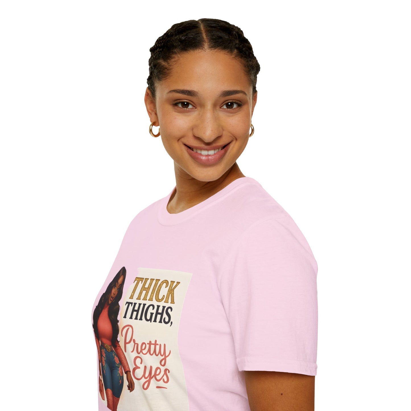 Thick Thighs, Pretty Eyes Graphic T-Shirt – Women's Motivational Tee