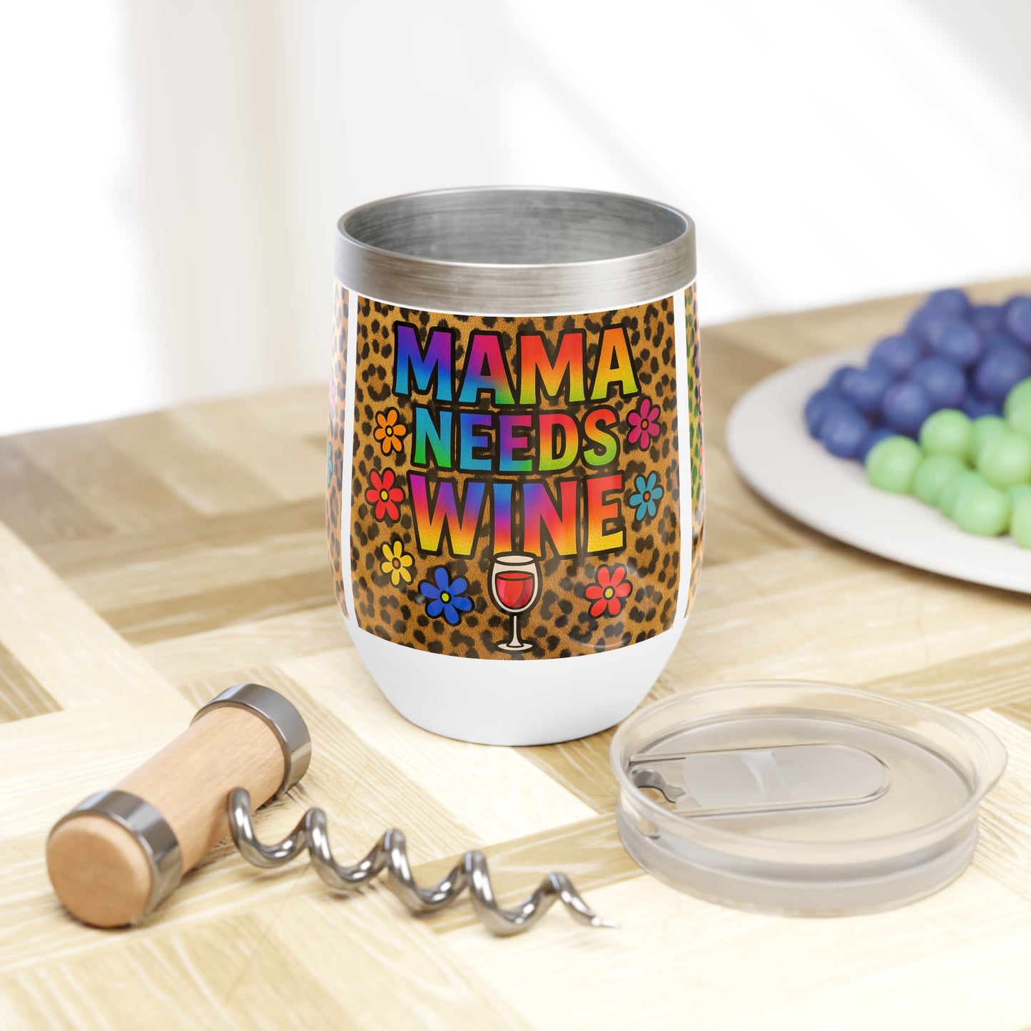 Mama Needs Wine Tumbler – Leopard Print w/Rainbow Lettering & Retro Flowers | 12oz Stainless Steel with Lid