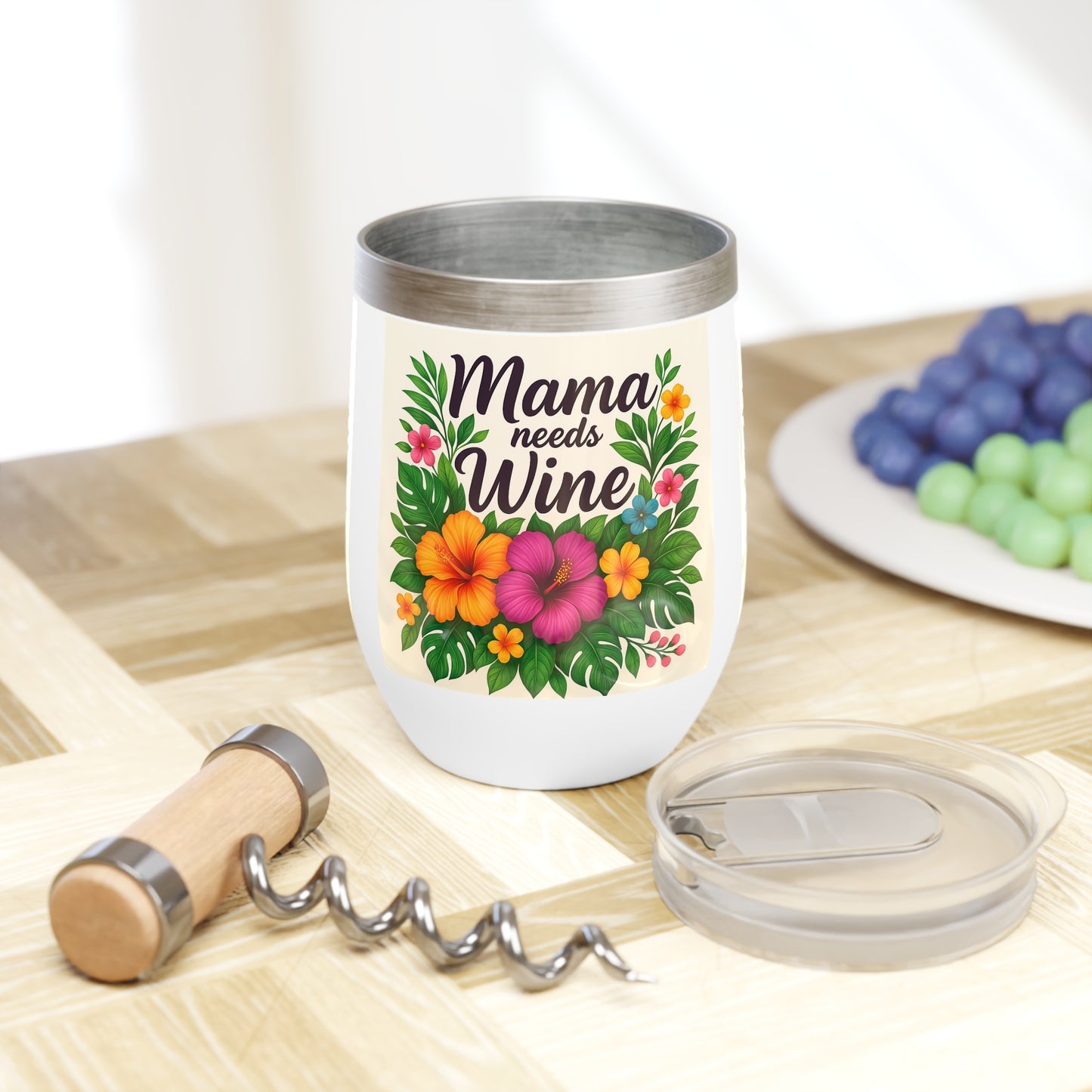 Mama Needs Wine Tumbler – Tropical Hibiscus Edition | 12oz Stainless Steel with Lid