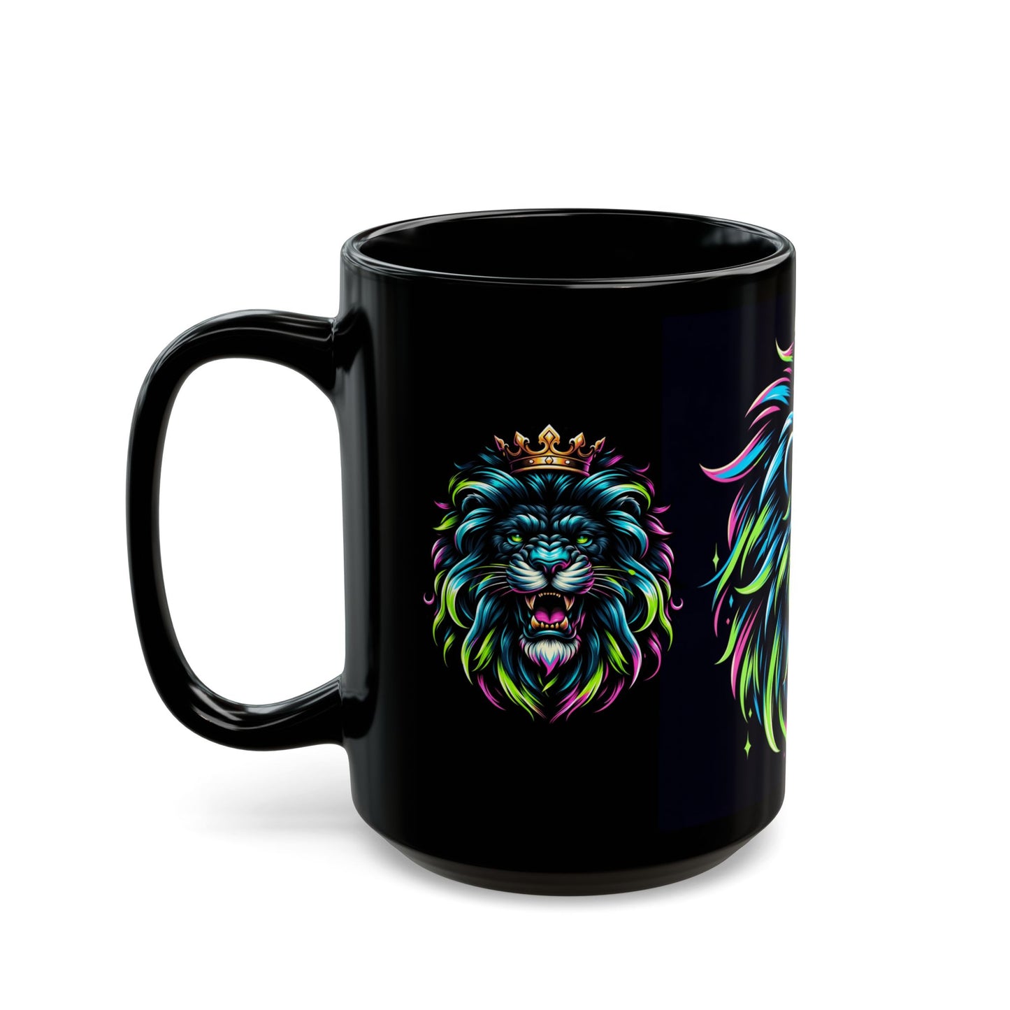 Neon Crowned Lion Mug – Bold Sip for a Bold King (11oz or 15oz Black Mug)