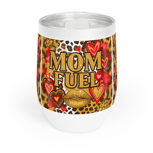 Mom Fuel Tumbler – 12oz Stainless Steel Wine Cup with Bold Leopard Print, Hearts & Gold Lip Graphic