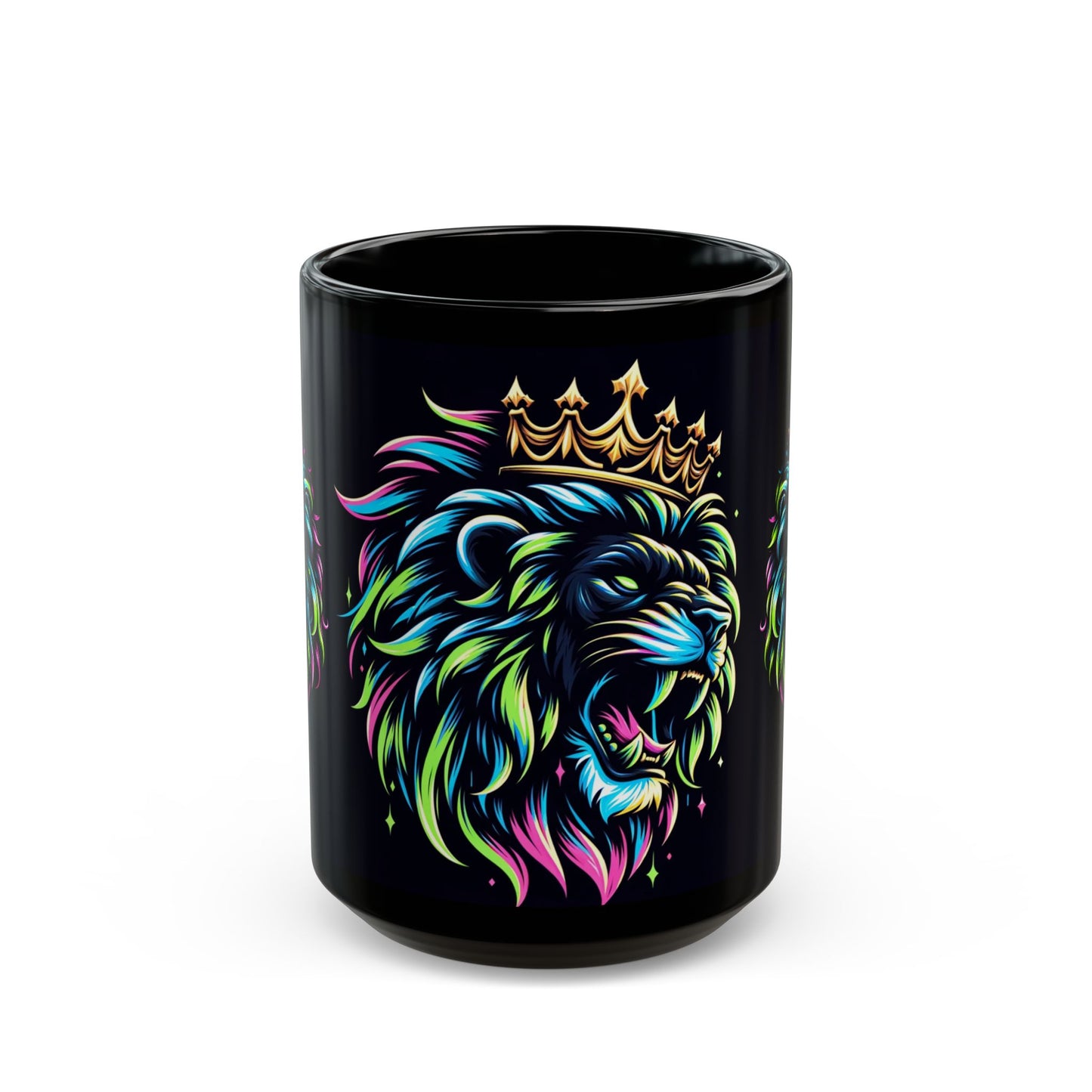Neon Crowned Lion Mug – Bold Sip for a Bold King (11oz or 15oz Black Mug)