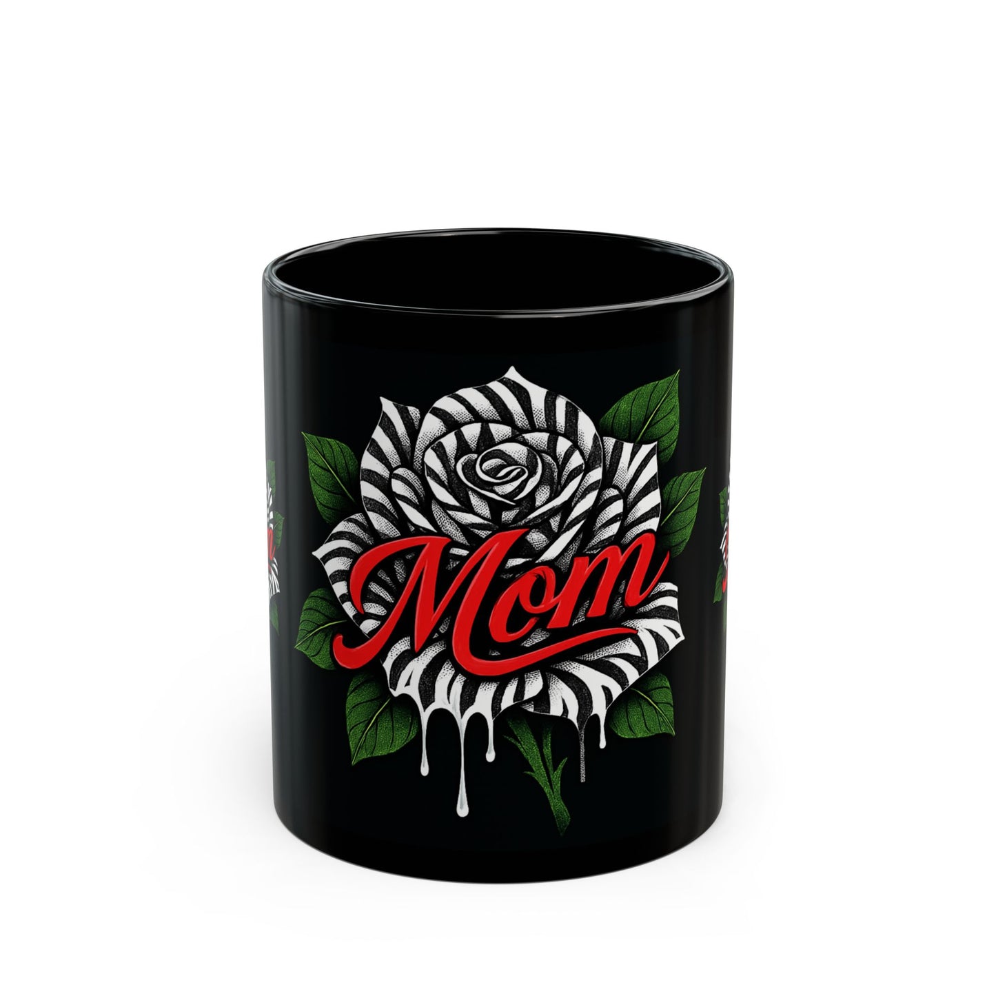 Zebra Rose MOM Mug – Black Ceramic with Drip Ink Tattoo Art | 11oz or 15oz