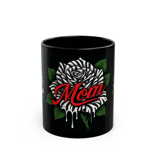 Zebra Rose MOM Mug – Black Ceramic with Drip Ink Tattoo Art | 11oz or 15oz