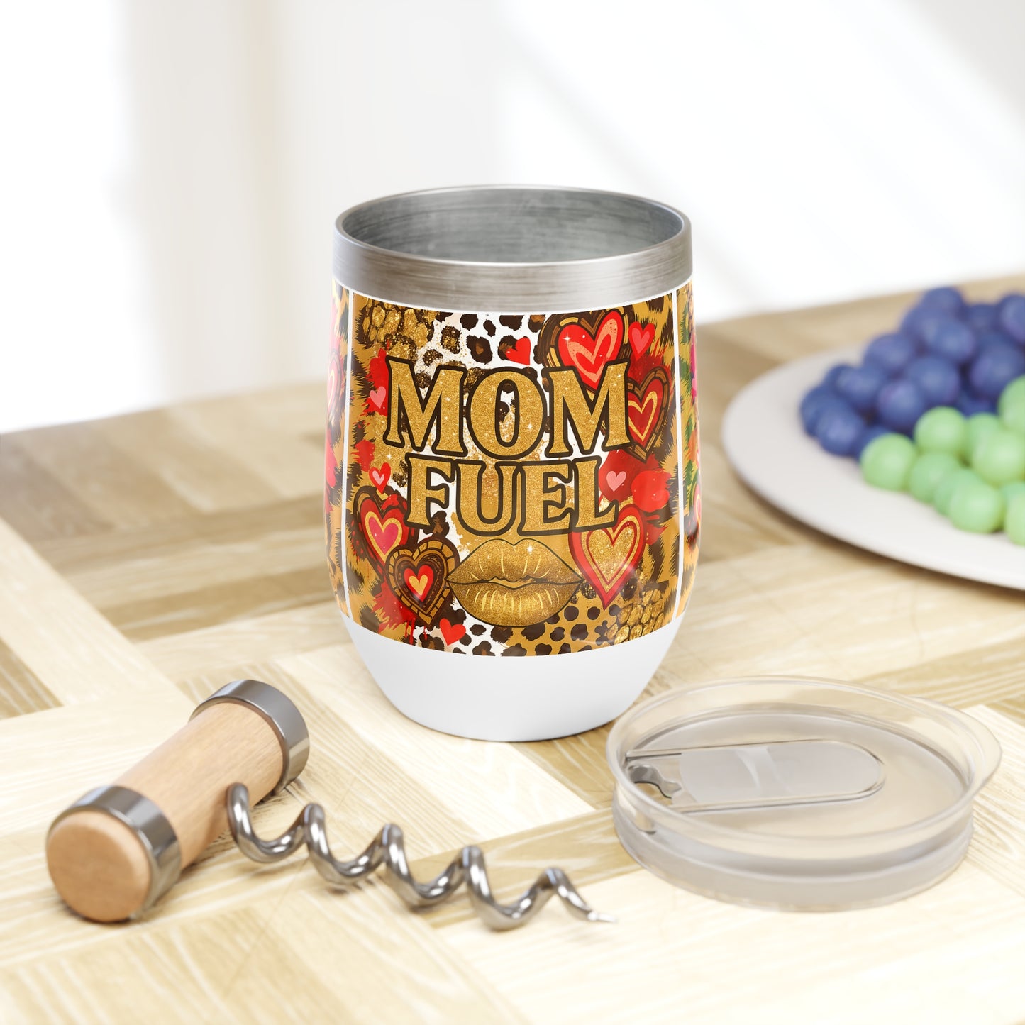 Mom Fuel Tumbler – 12oz Stainless Steel Wine Cup with Bold Leopard Print, Hearts & Gold Lip Graphic