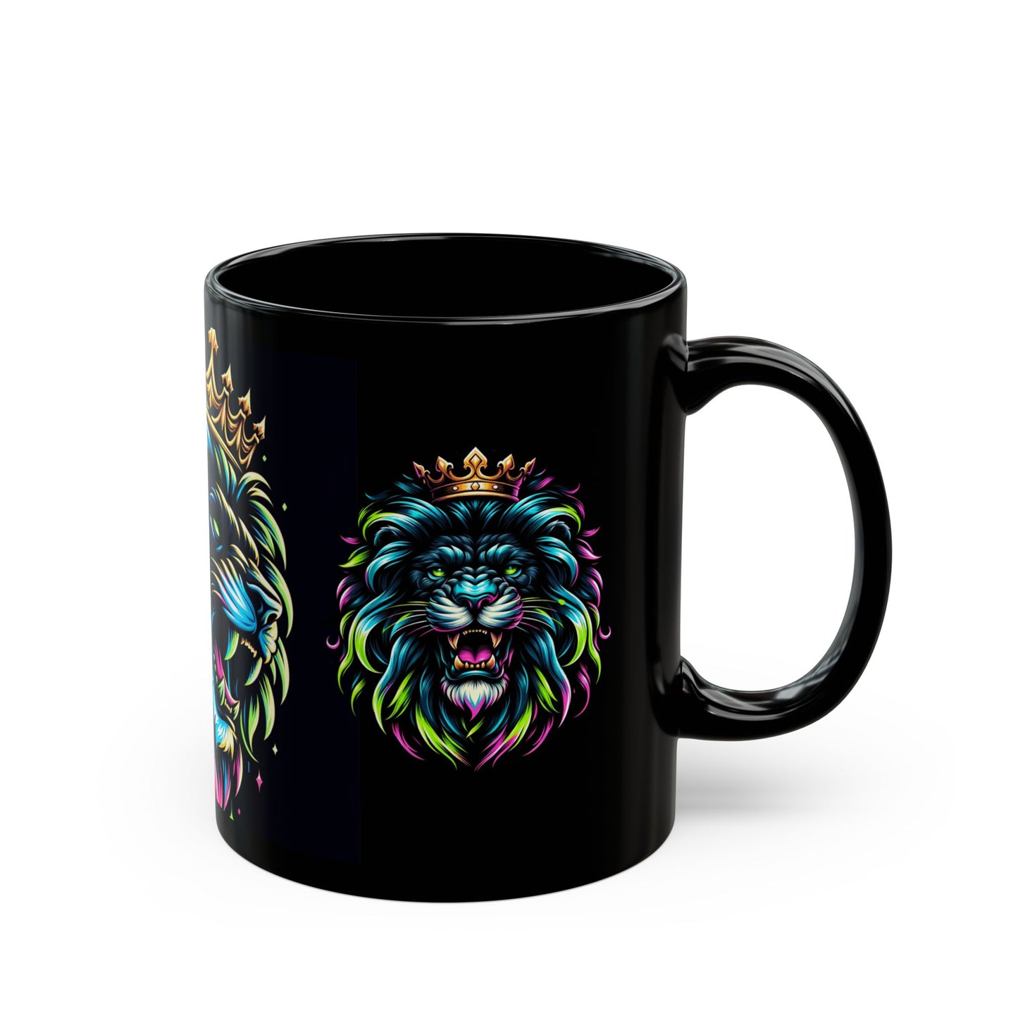 Neon Crowned Lion Mug – Bold Sip for a Bold King (11oz or 15oz Black Mug)