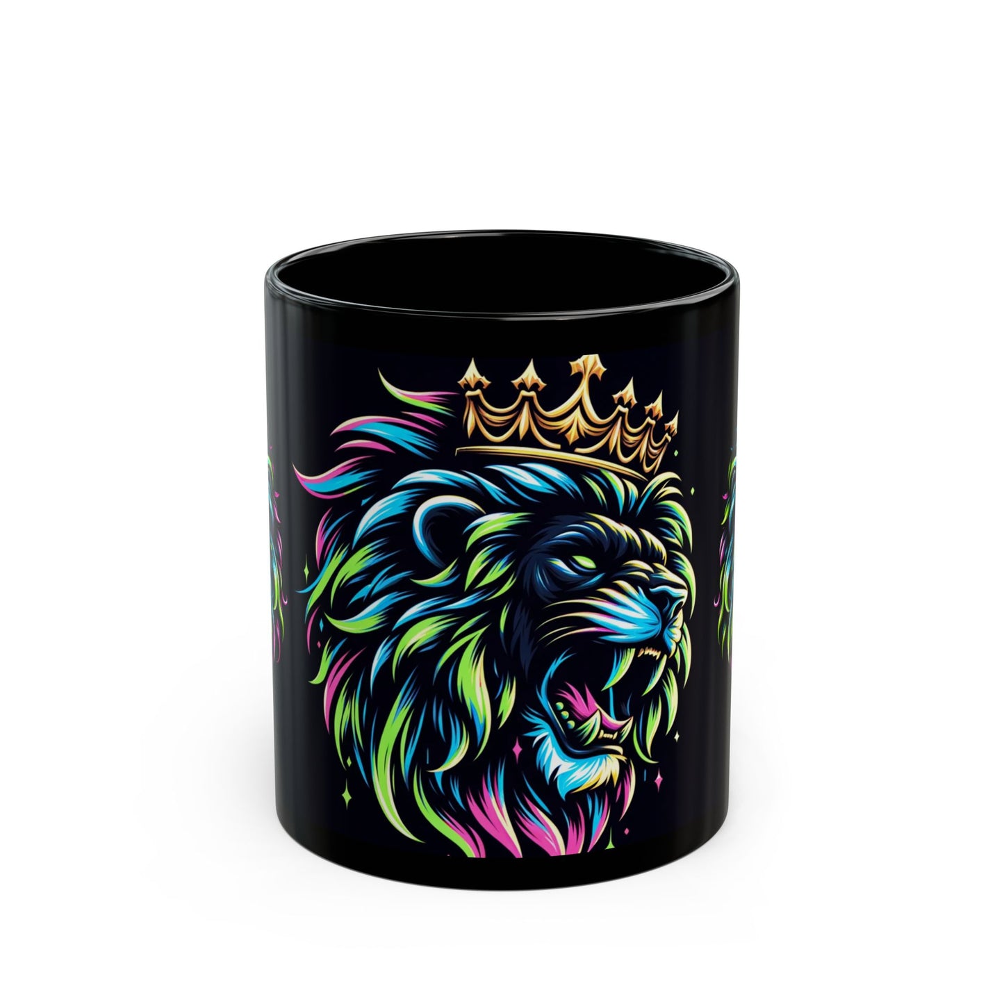 Neon Crowned Lion Mug – Bold Sip for a Bold King (11oz or 15oz Black Mug)