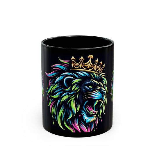 Neon Crowned Lion Mug – Bold Sip for a Bold King (11oz or 15oz Black Mug)