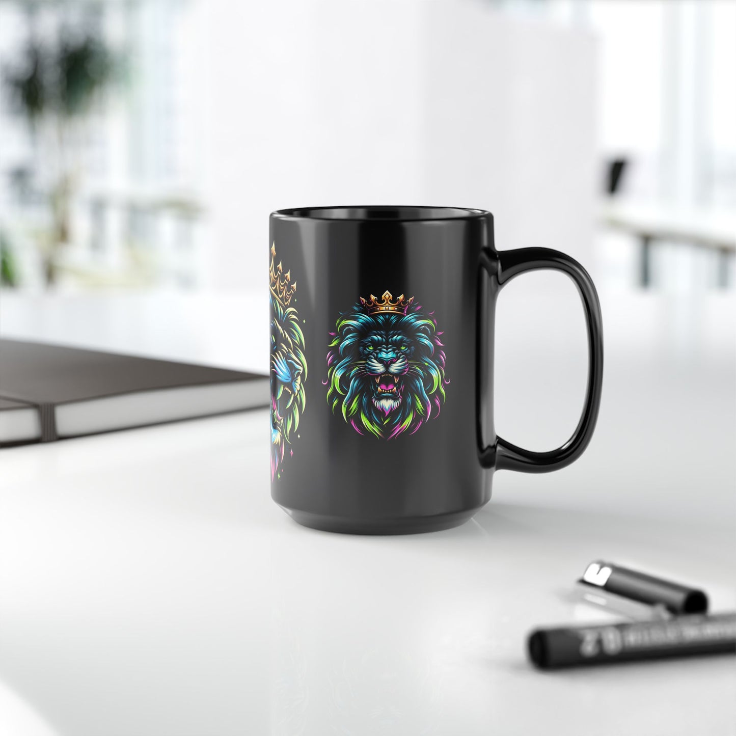 Neon Crowned Lion Mug – Bold Sip for a Bold King (11oz or 15oz Black Mug)