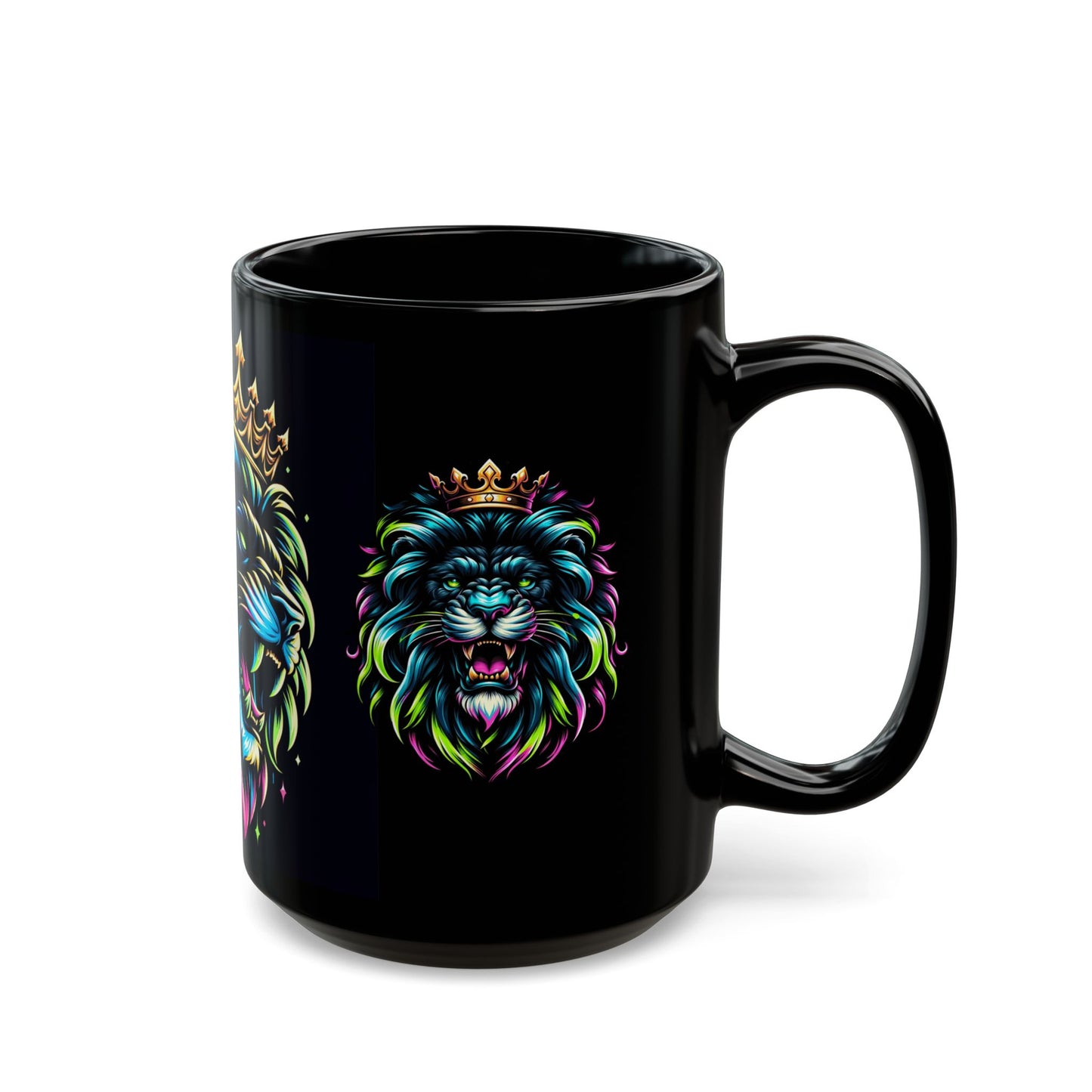 Neon Crowned Lion Mug – Bold Sip for a Bold King (11oz or 15oz Black Mug)
