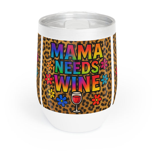 Mama Needs Wine Tumbler – Leopard Print w/Rainbow Lettering & Retro Flowers | 12oz Stainless Steel with Lid