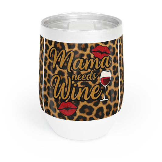 Mama Needs Wine Tumbler – Leopard Print with Red Lips | 12oz Stainless Steel with Lid