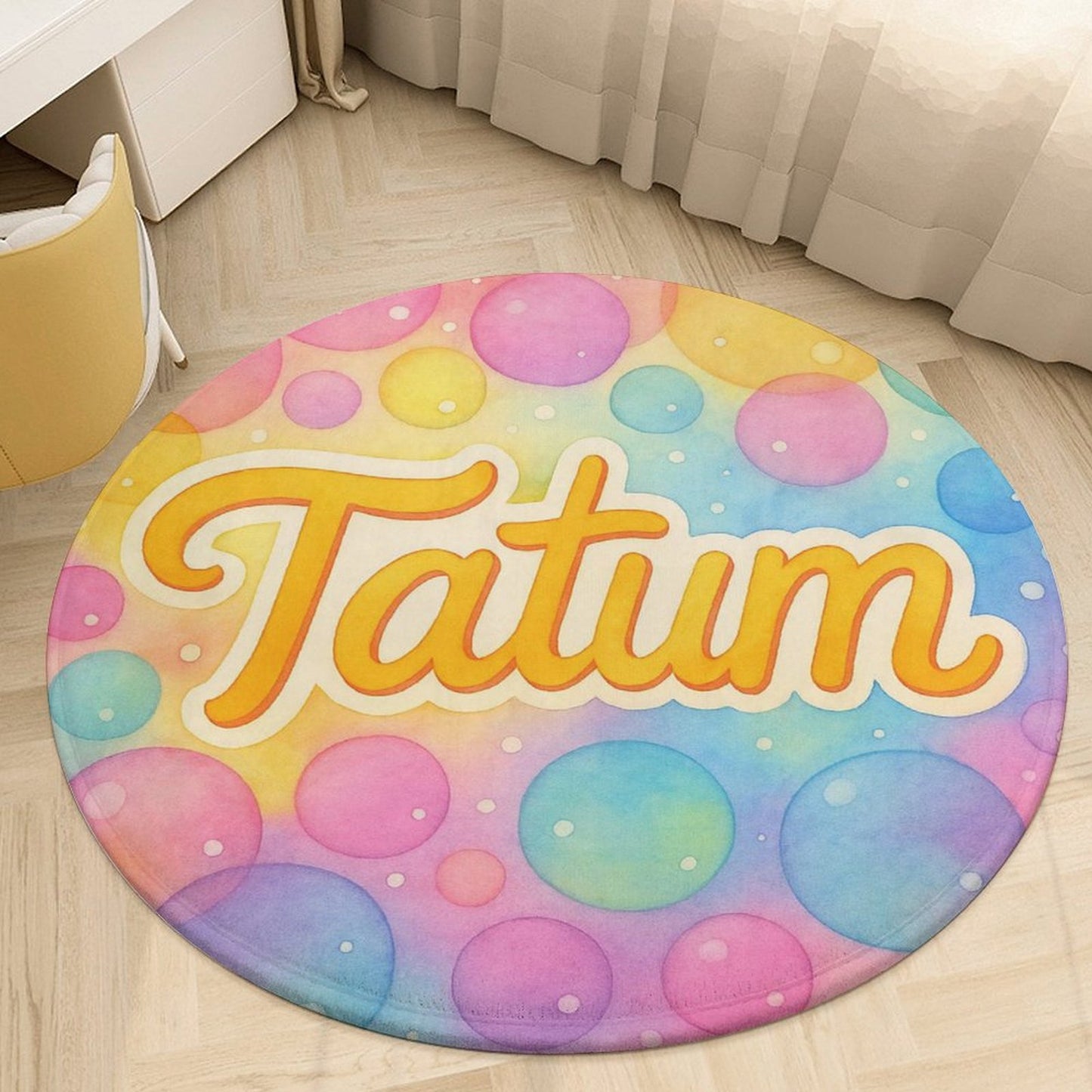Round coral fleece rug with pastel bubble background and personalized child’s name in playful script, inspired by Tatum’s Love Bundle.