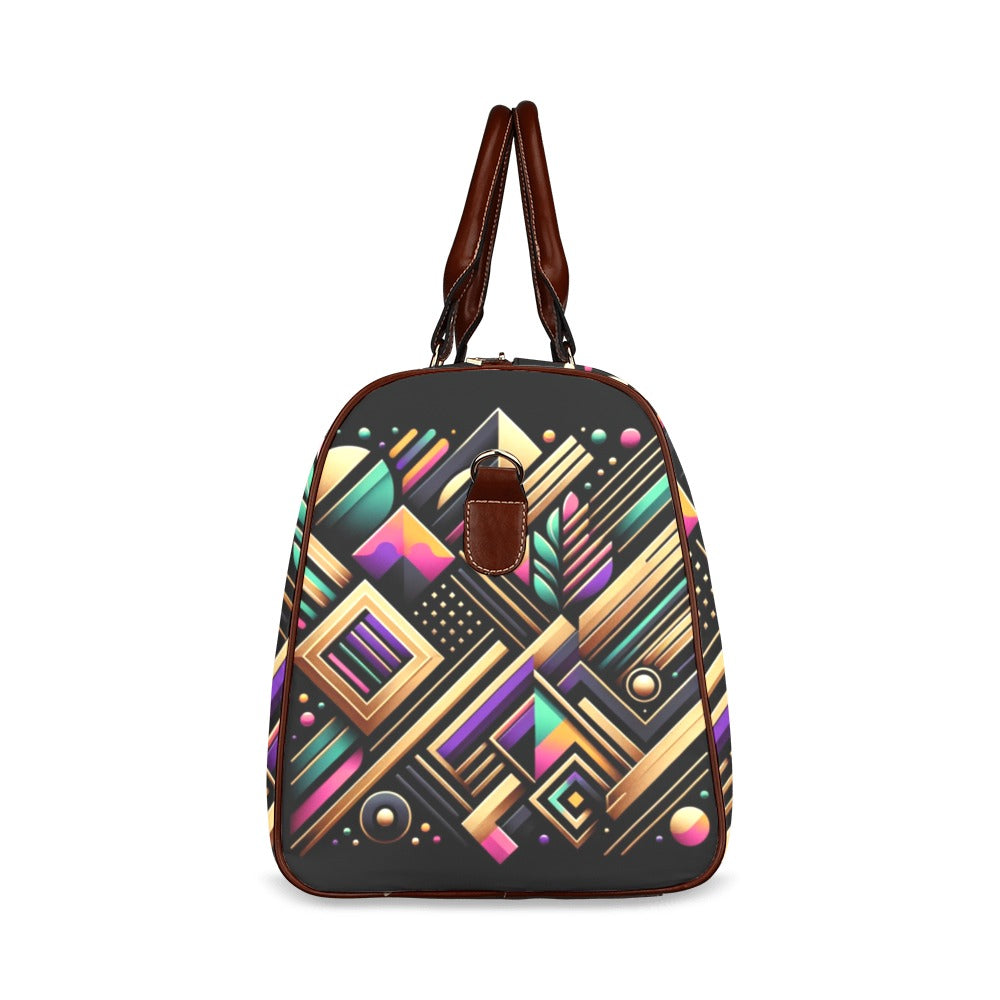 Luxe Prism Geometric Duffel Bag with a bold abstract design, waterproof fabric, and brown leather straps for stylish travel and everyday use.