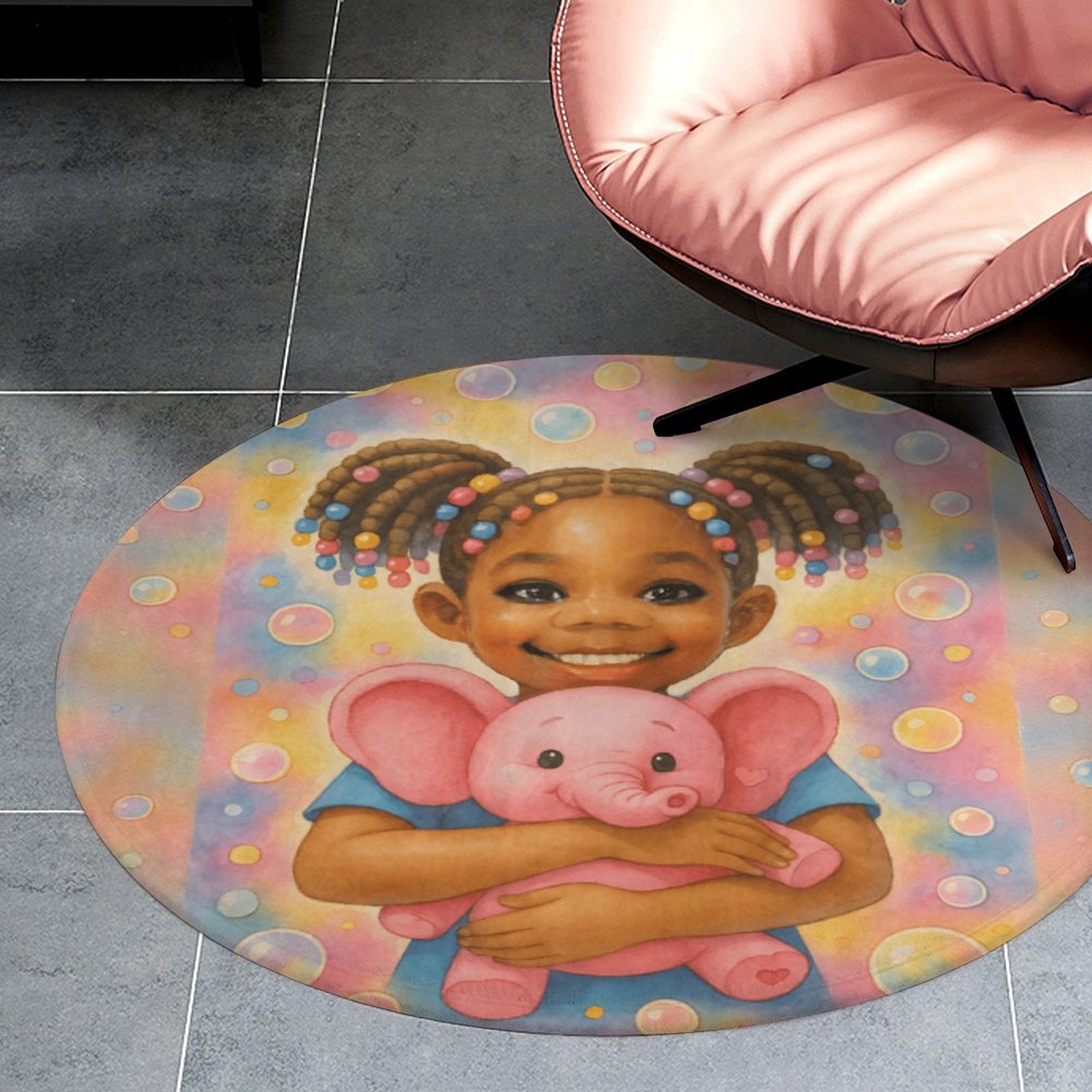 Round coral fleece rug featuring smiling African American girl with pigtails and a pink elephant on a soft pastel bubble background.