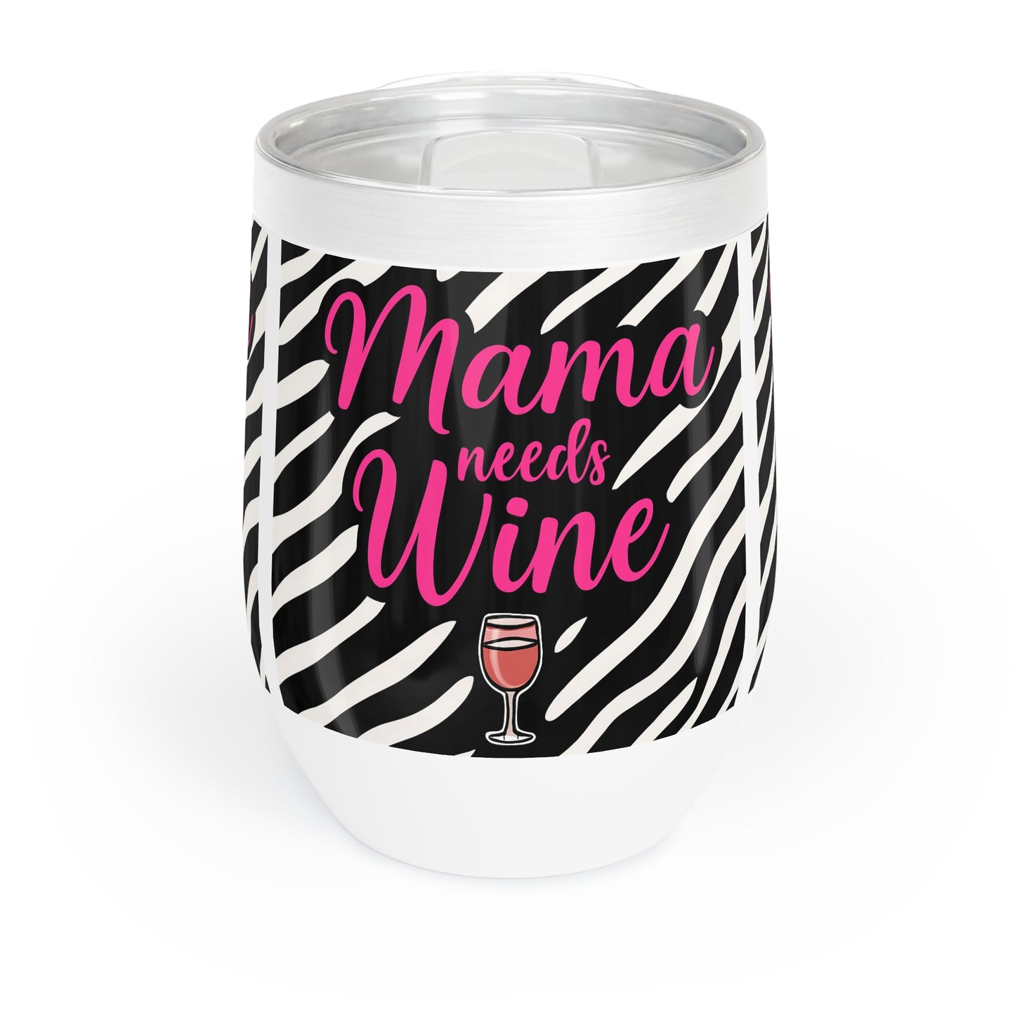 Mama Needs Wine Tumbler – Zebra Print with Pink Script | 12oz Stainless Steel with Lid