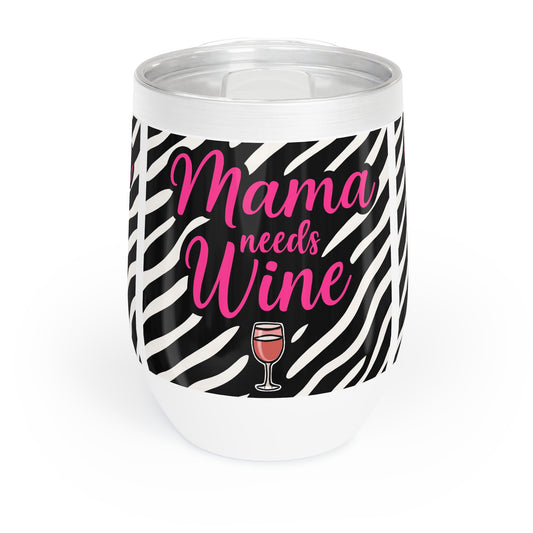 Mama Needs Wine Tumbler – Zebra Print with Pink Script | 12oz Stainless Steel with Lid