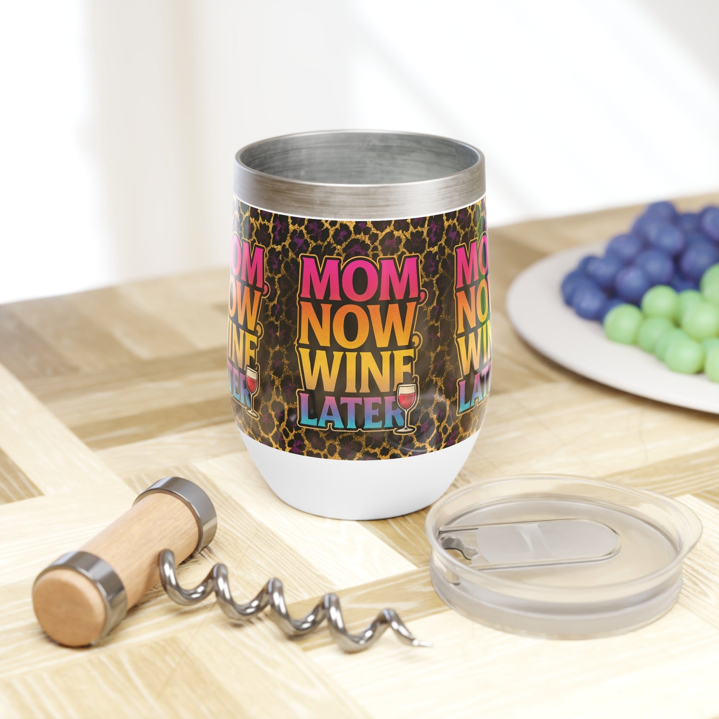 Mom Now, Wine Later Tumbler – 12oz Stainless Steel Wine Cup with Bold Leopard Print & Sunset Gradient Text