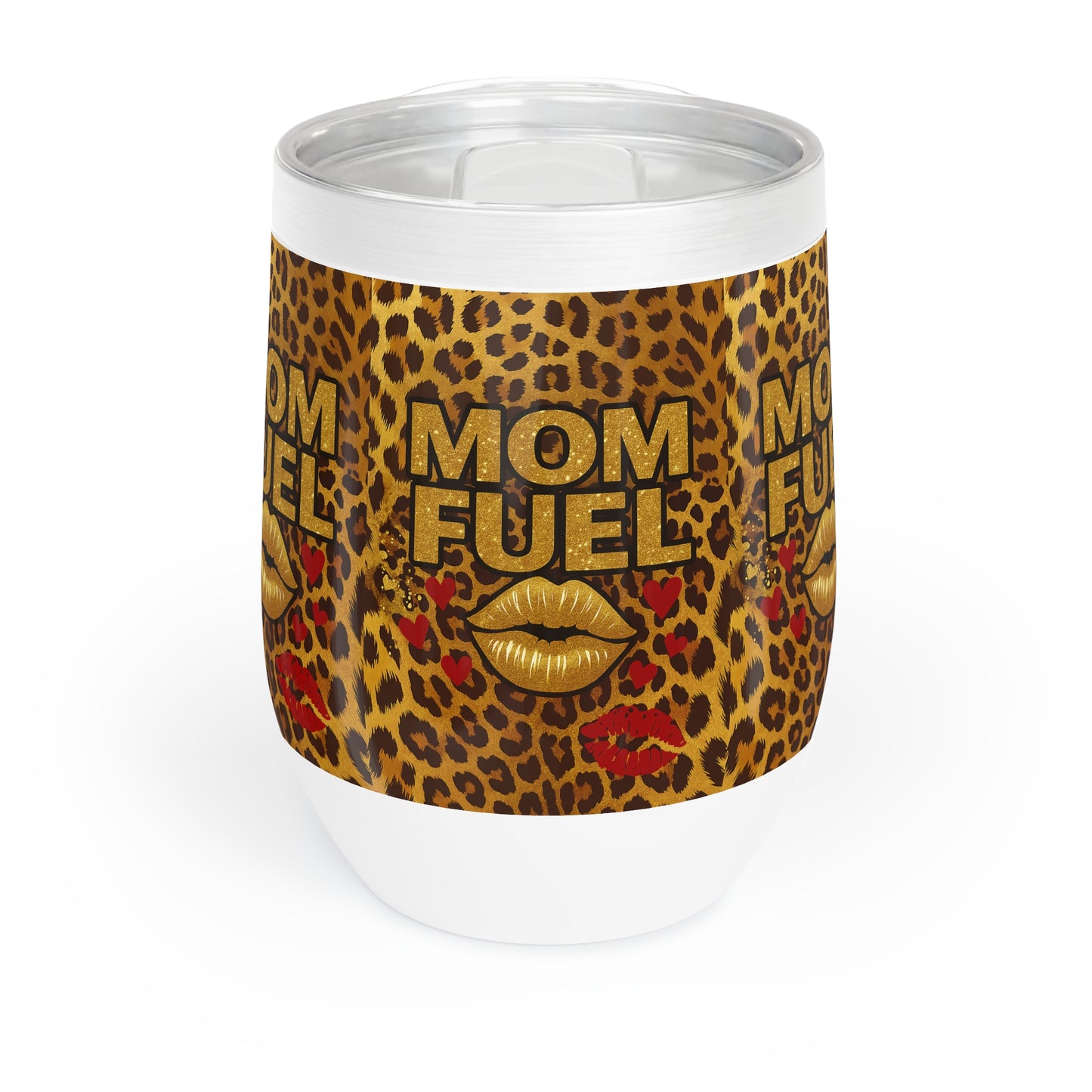 Mom Fuel II Tumbler – 12oz Stainless Steel Wine Cup with Bold Leopard Print, Gold Lips & Red Hearts
