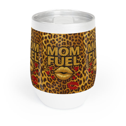 Mom Fuel II Tumbler – 12oz Stainless Steel Wine Cup with Bold Leopard Print, Gold Lips & Red Hearts