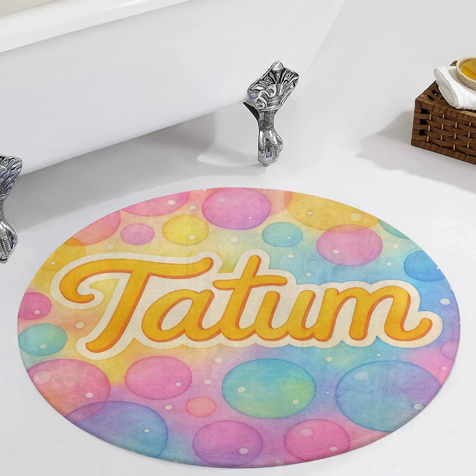 Round coral fleece rug with pastel bubble background and personalized child’s name in playful script, inspired by Tatum’s Love Bundle.