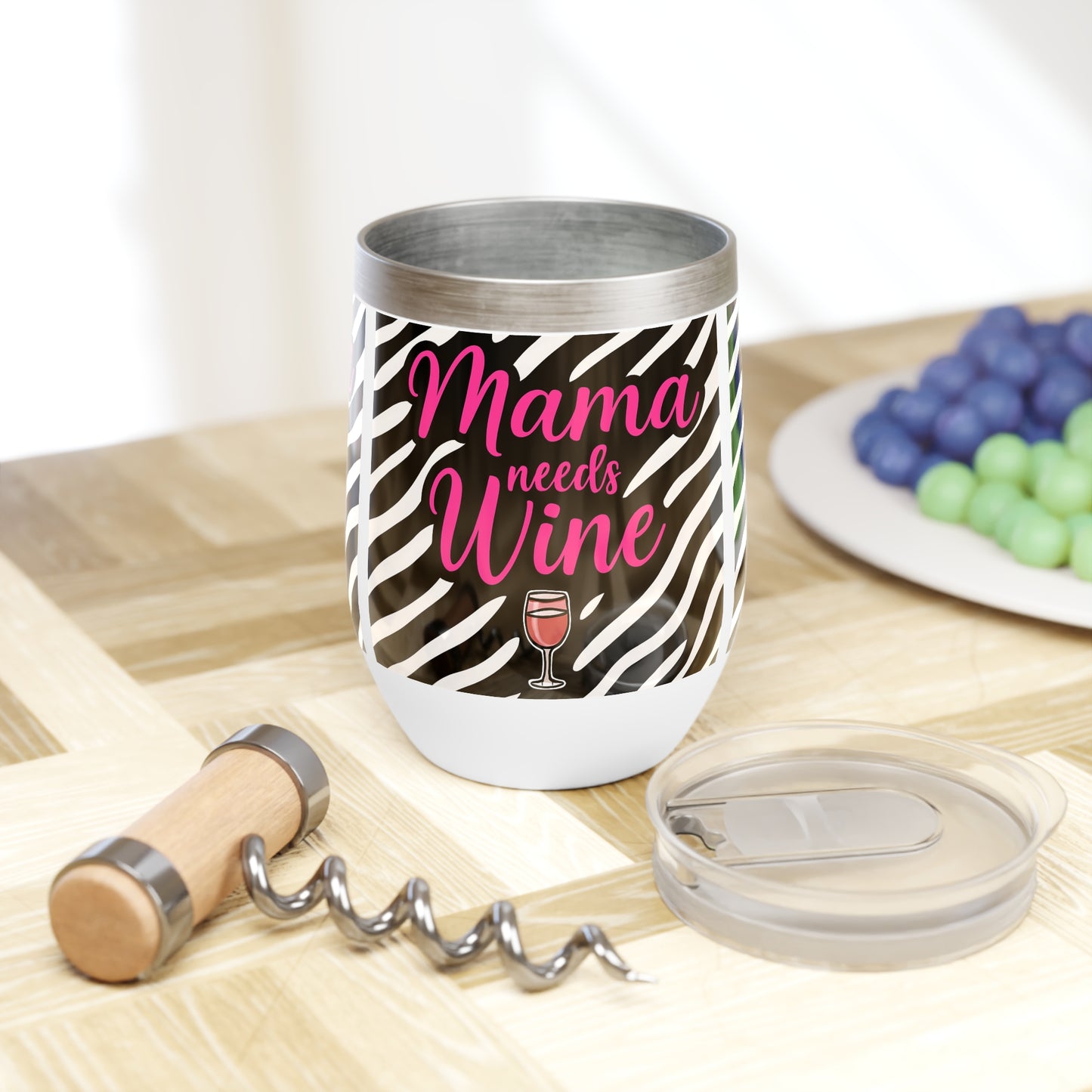 Mama Needs Wine Tumbler – Zebra Print with Pink Script | 12oz Stainless Steel with Lid