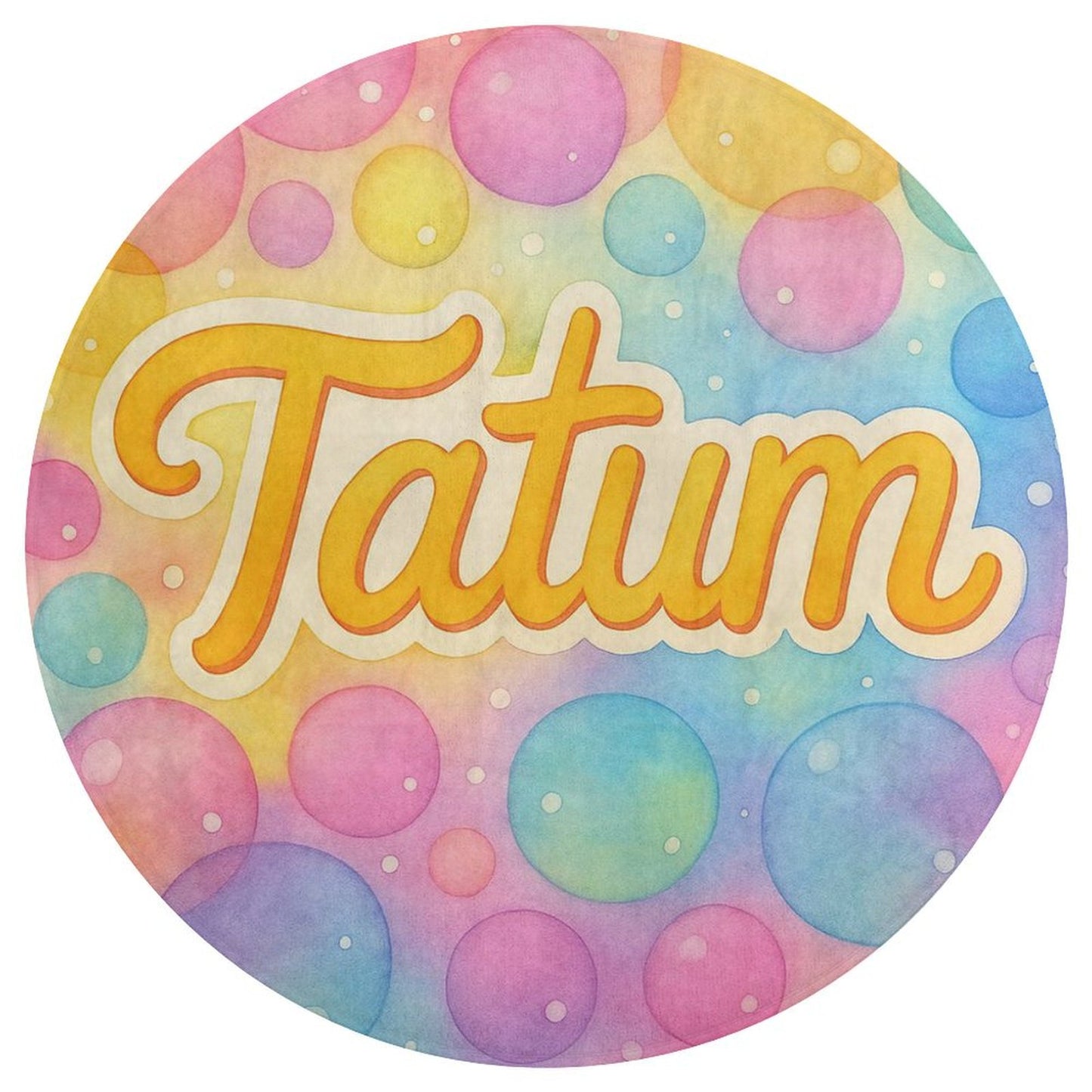 Round coral fleece rug with pastel bubble background and personalized child’s name in playful script, inspired by Tatum’s Love Bundle.