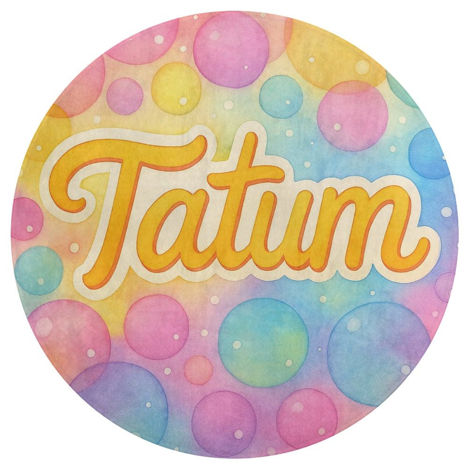Round coral fleece rug with pastel bubble background and personalized child’s name in playful script, inspired by Tatum’s Love Bundle.