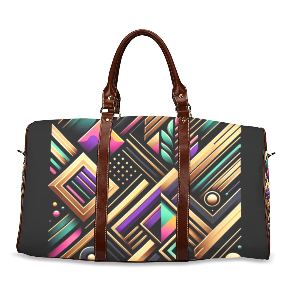 Luxe Prism Geometric Duffel Bag with a bold abstract design, waterproof fabric, and brown leather straps for stylish travel and everyday use.