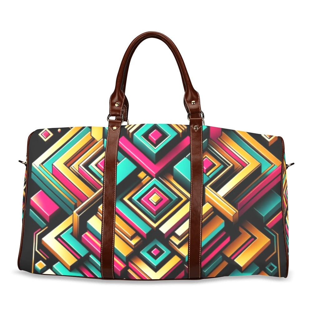 Urban Luxe Geometric Duffel Bag with bold gold, teal, and fuchsia patterns, waterproof design, and stylish brown leather straps.