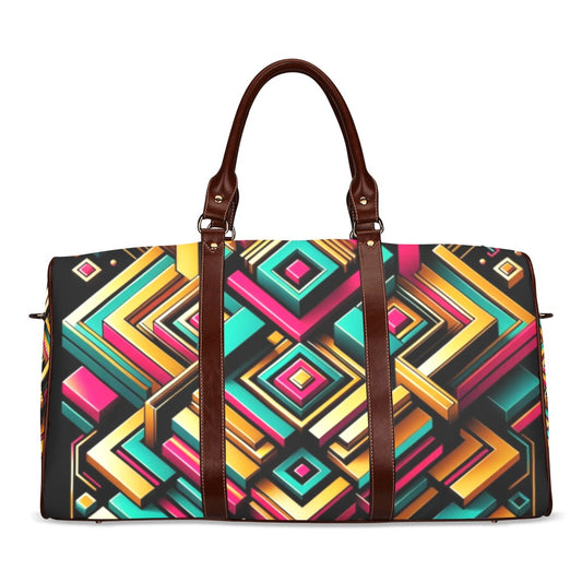 Urban Luxe Geometric Duffel Bag with bold gold, teal, and fuchsia patterns, waterproof design, and stylish brown leather straps.