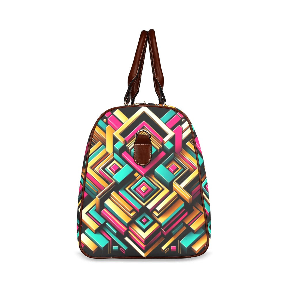 Urban Luxe Geometric Duffel Bag with bold gold, teal, and fuchsia patterns, waterproof design, and stylish brown leather straps.