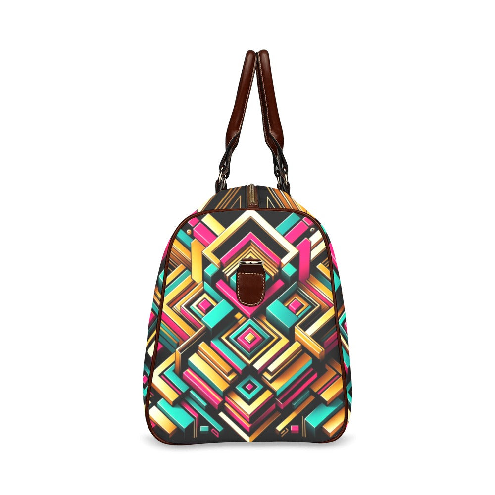 Urban Luxe Geometric Duffel Bag with bold gold, teal, and fuchsia patterns, waterproof design, and stylish brown leather straps.