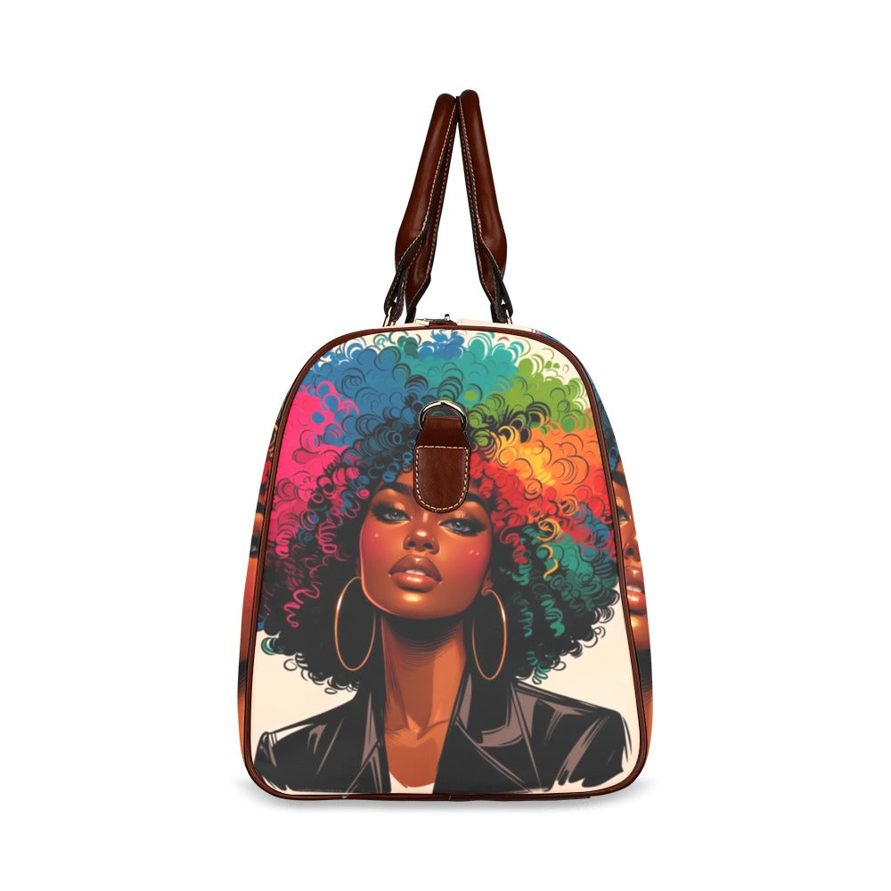Be-A-U-ti-Ful Colors of Me Too Waterproof Duffel Bag featuring vibrant afro-centric artwork, brown leather straps, and a stylish, spacious design for travel, gym, and everyday use