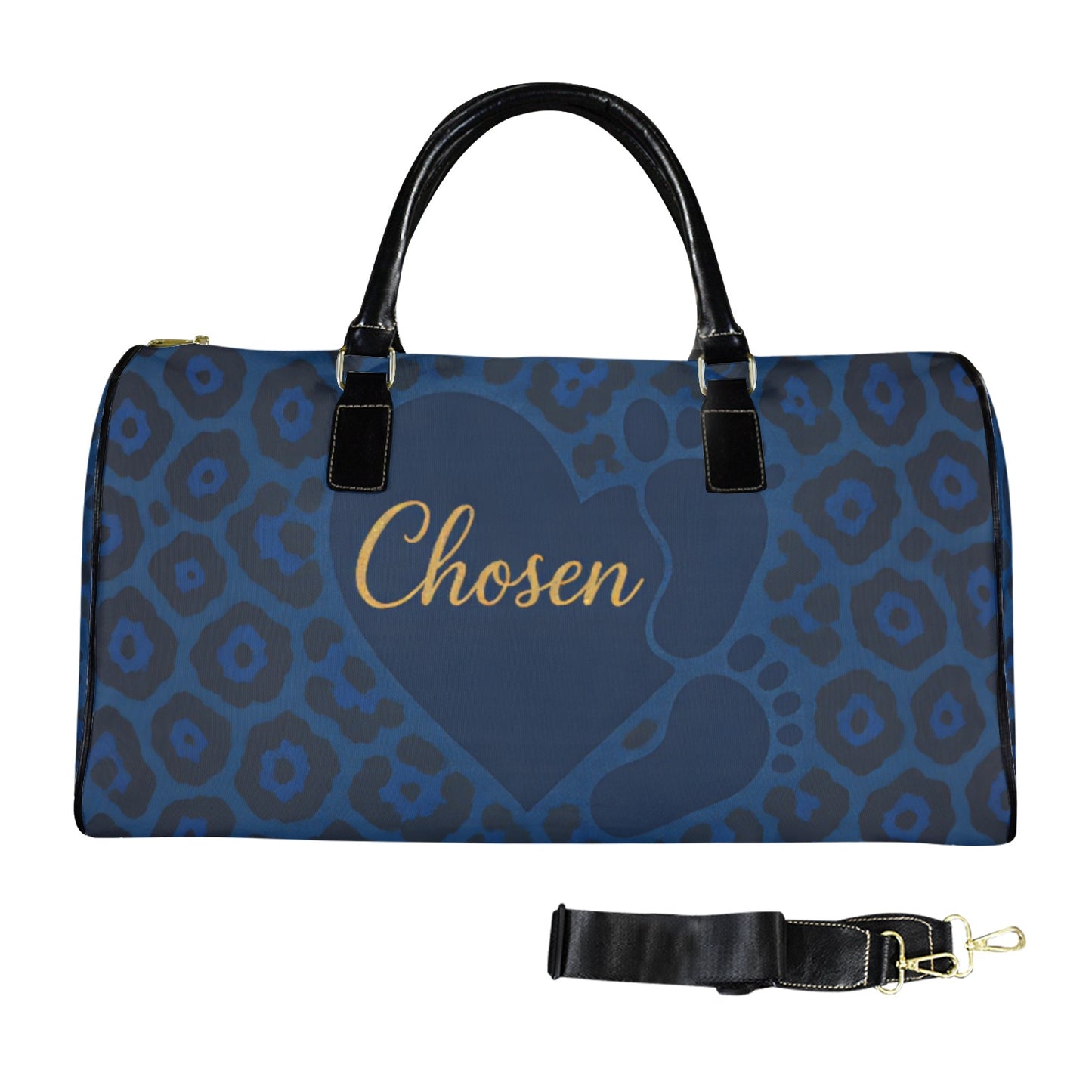 Chosen personalized travel bag with blue leopard print and gold lettering, durable nylon with leather handles and shoulder strap