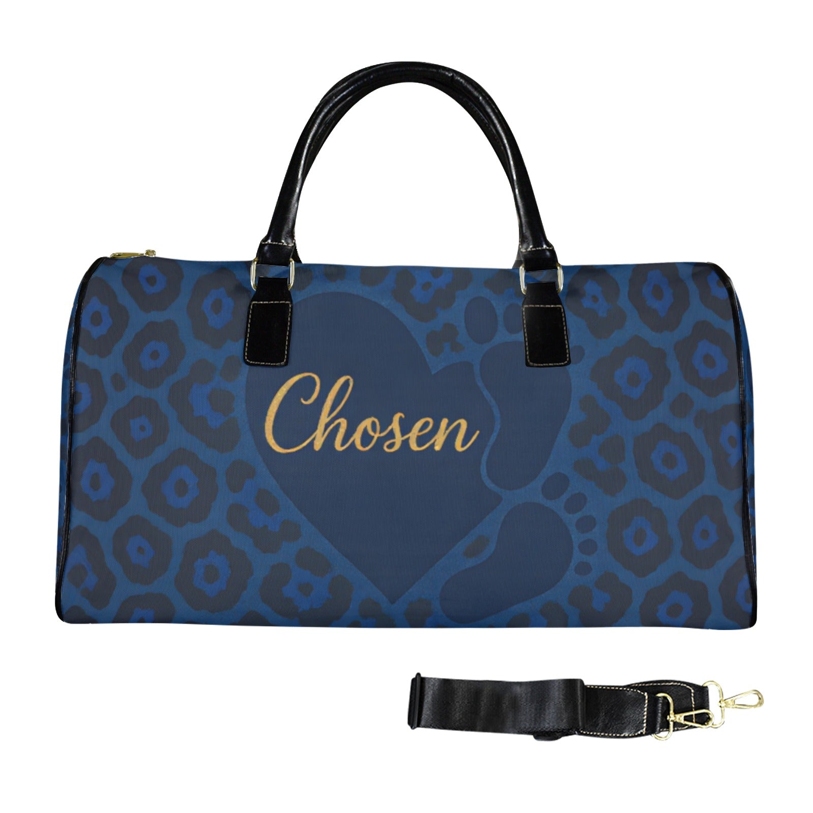 Chosen personalized travel bag with blue leopard print and gold lettering, durable nylon with leather handles and shoulder strap