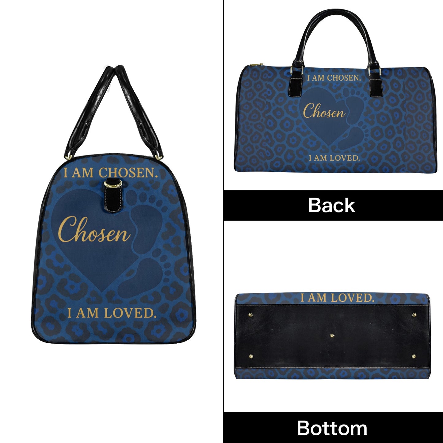 Detail shot of Chosen travel bag showing front, back, side, and bottom with sturdy handles and gold text accents