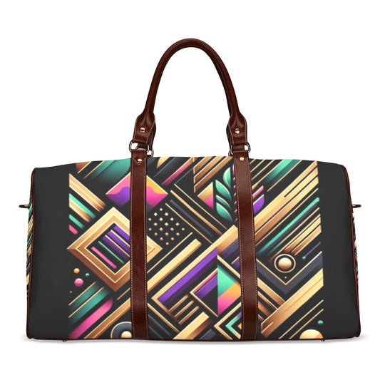 Luxe Prism Geometric Duffel Bag with a bold abstract design, waterproof fabric, and brown leather straps for stylish travel and everyday use.