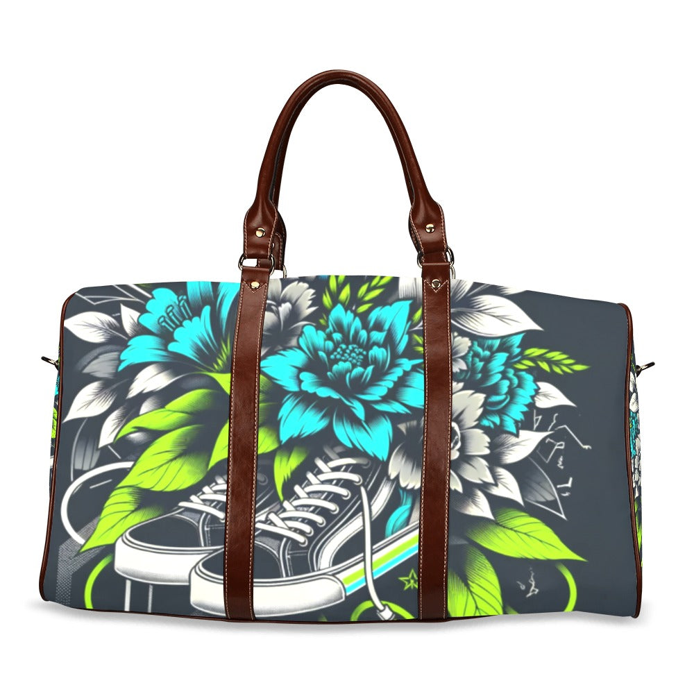 Neon Sneakerhead Flowers Waterproof Duffel Bag – Brown Straps