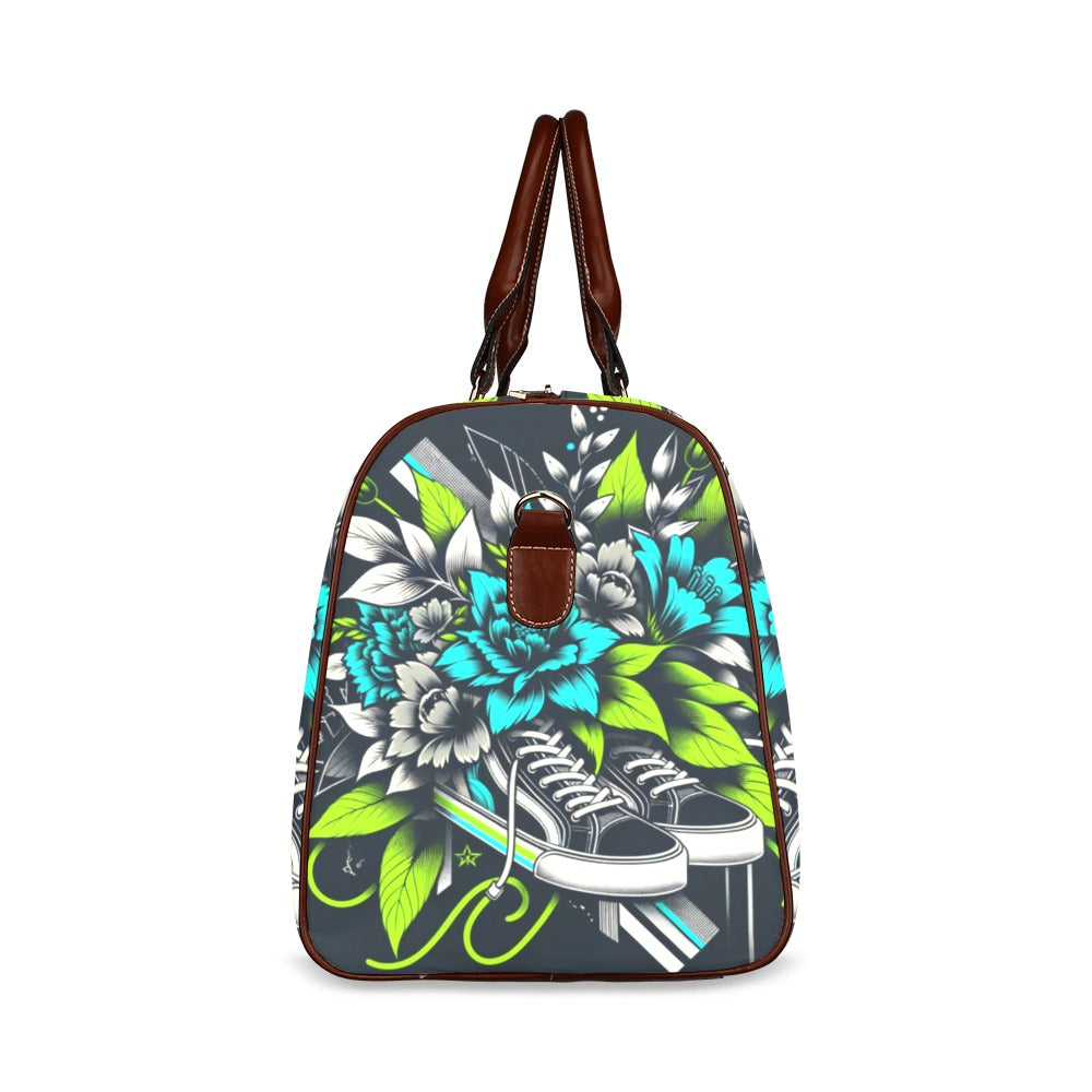 Neon Sneakerhead Flowers Waterproof Duffel Bag – Brown Straps