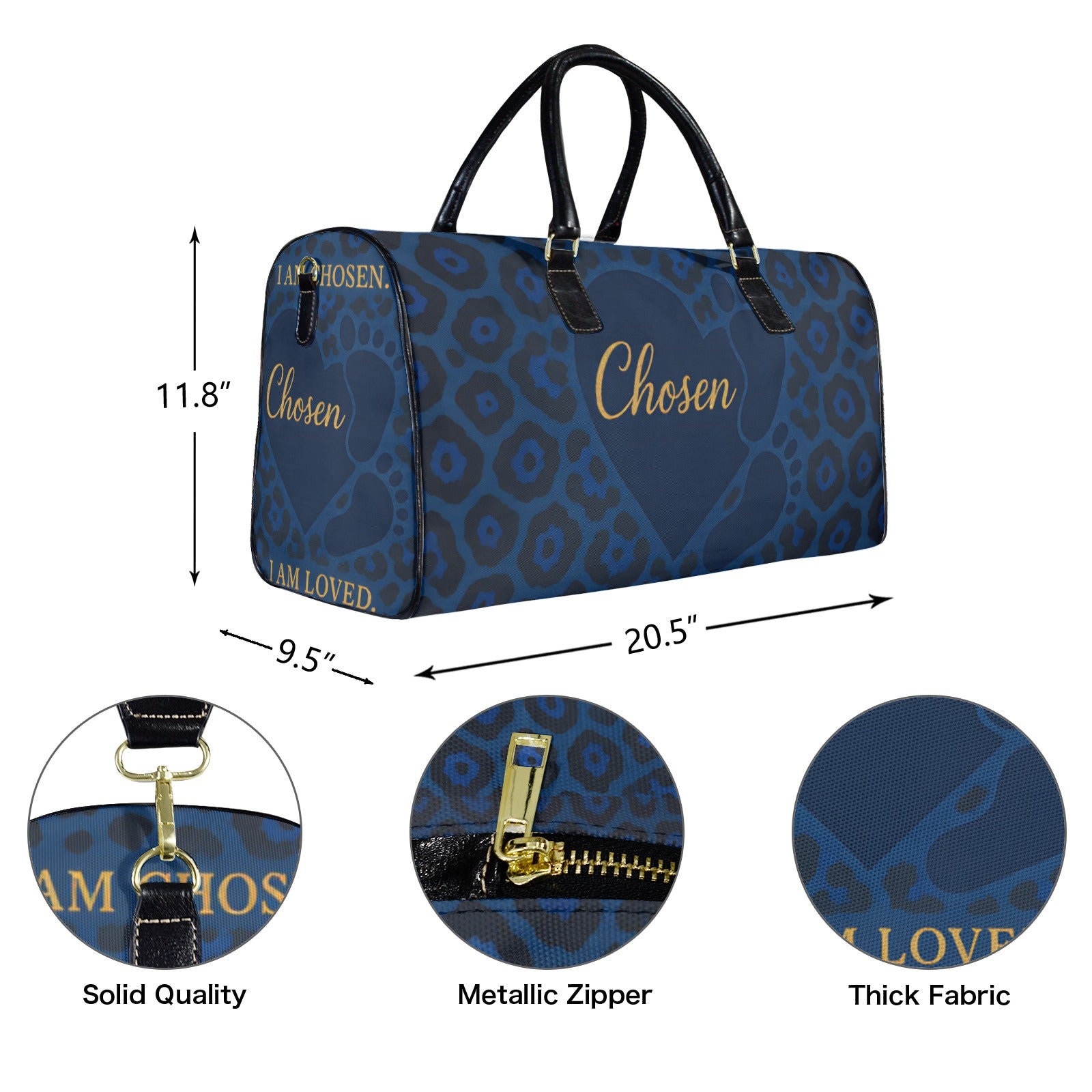Detail shot of Chosen travel bag showing metallic zipper, thick fabric, and sturdy handles with gold text accents