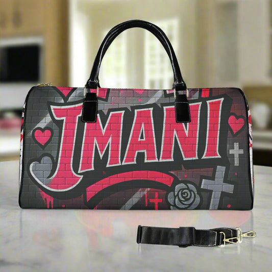 Personalized Imani travel bag with red graffiti-style name, hearts, and rose details on durable nylon with leather handles