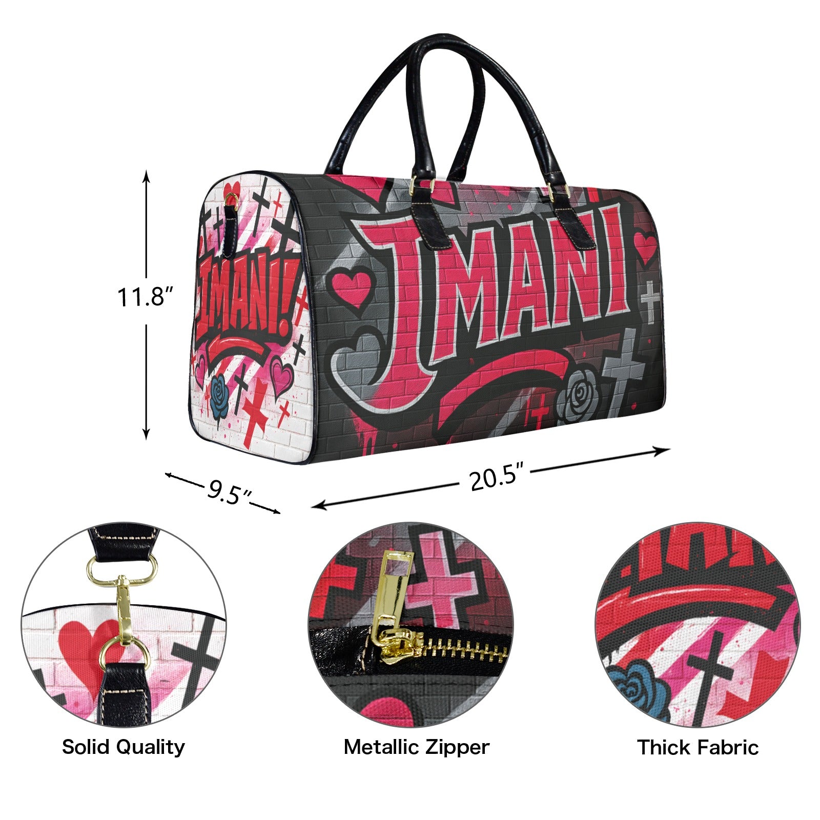 Detailed view of Imani travel bag featuring bold red graffiti letters, heart and rose accents, and black leather bottom panel with white side