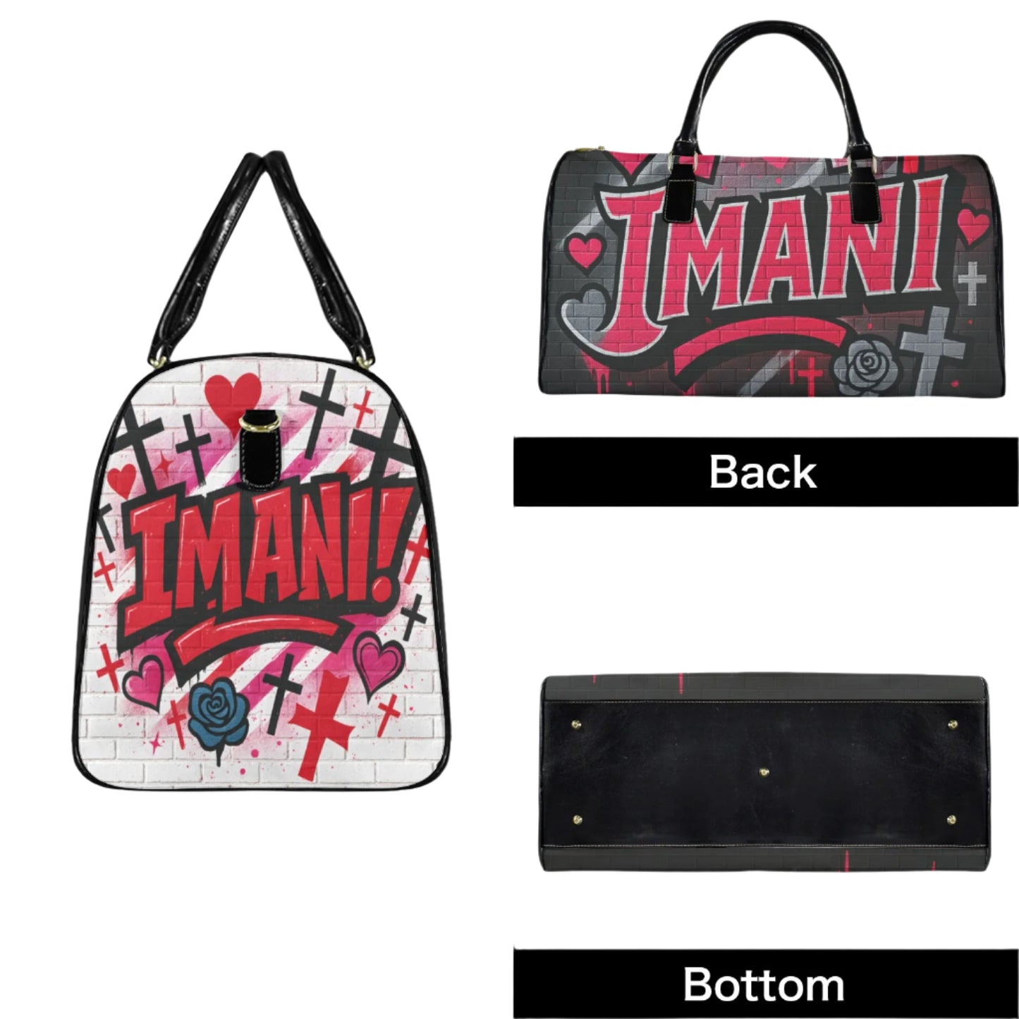 Detailed view of Imani travel bag featuring bold red graffiti letters, heart and rose accents, and black leather bottom panel