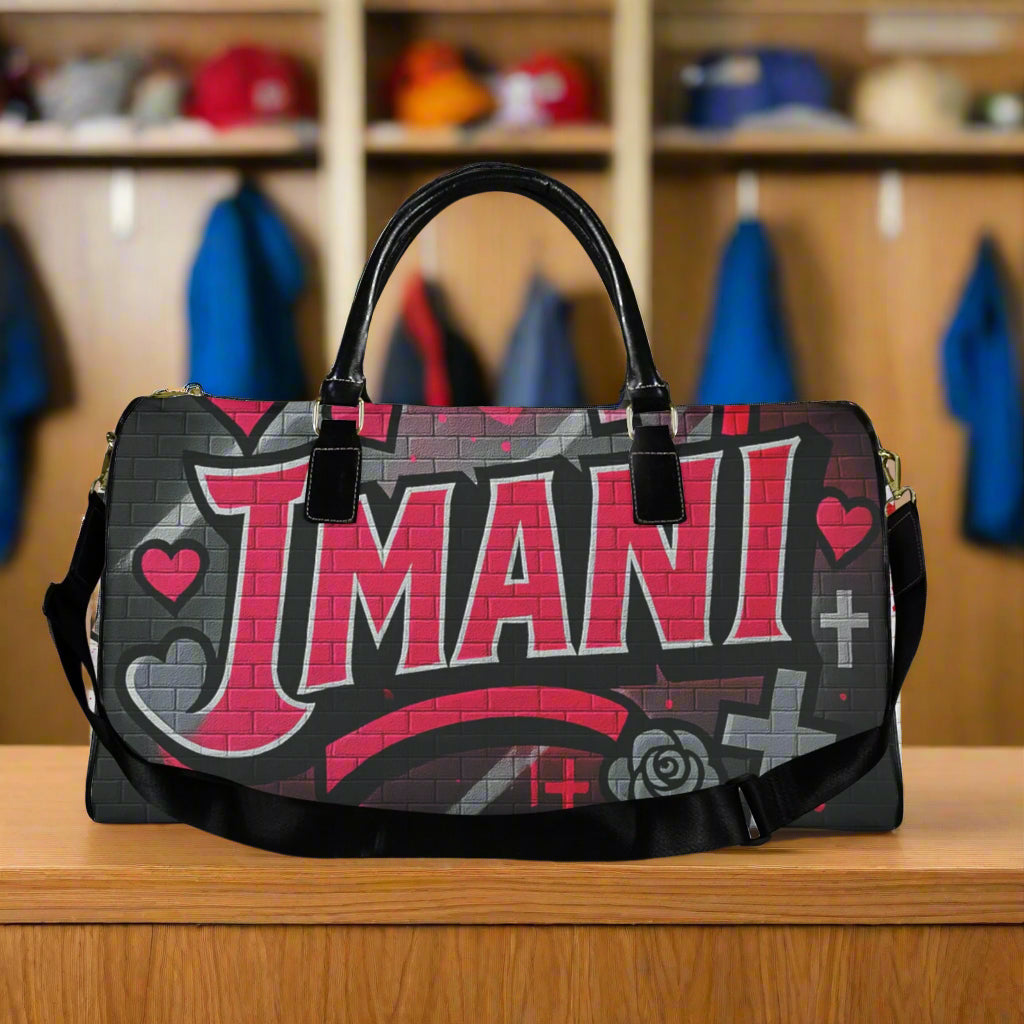 Personalized Imani travel bag with red graffiti-style name, hearts, and rose details on durable nylon with leather handles