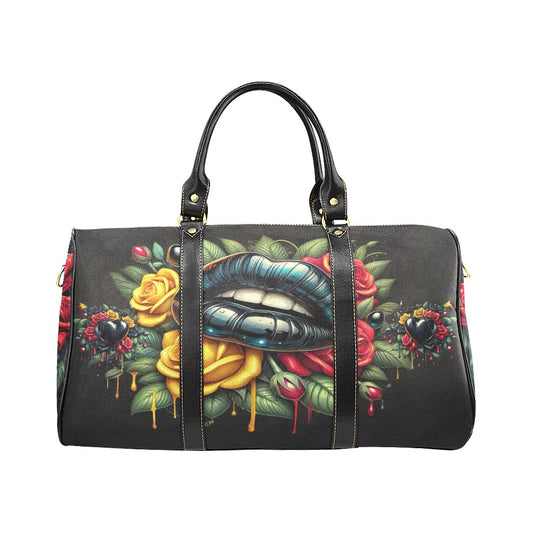 Rose Lips Hearts Waterproof Duffel Bag – Black Straps